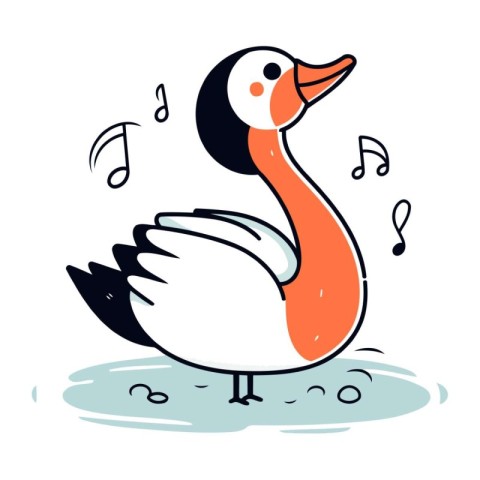 Illustration of a cute cartoon goose with notes. Vector illustra