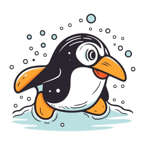 Cute penguin swimming in the sea. Vector cartoon illustration.