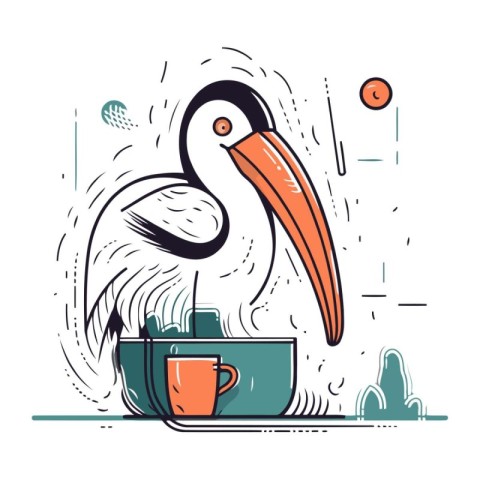 Pelican sitting on a cup of coffee. Vector illustration in carto