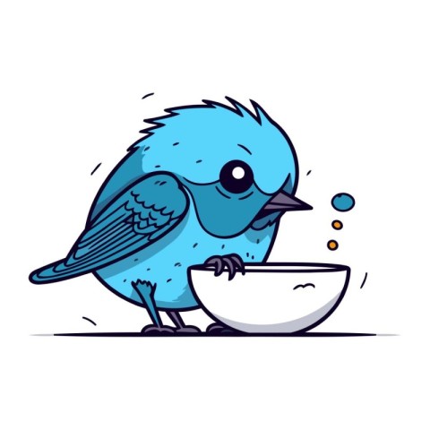 Blue bird eating from a bowl. Vector illustration in cartoon sty