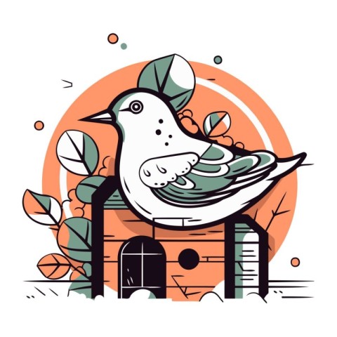 Vector illustration of a cute bird sitting on the roof of the ho