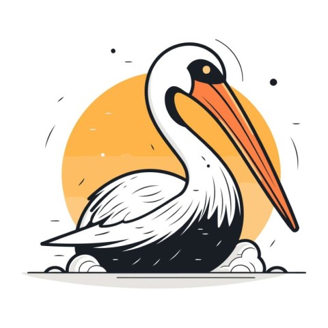 Vector illustration of pelican on the background of the sunset.