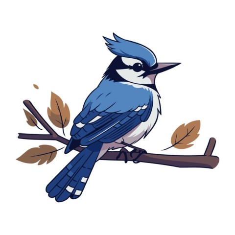 Cute cartoon blue tit bird sitting on a branch. Vector illustrat