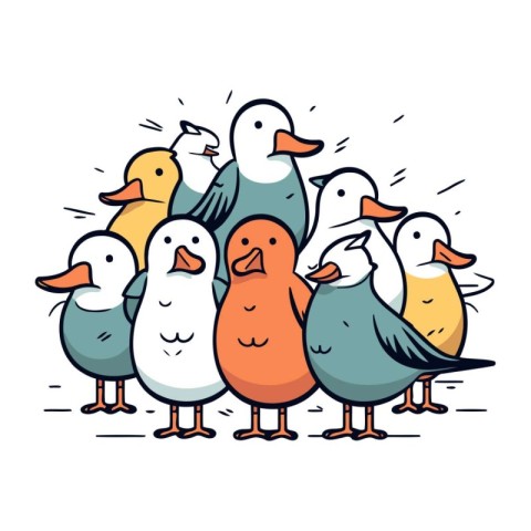 Funny cartoon vector illustration of group of seagulls.