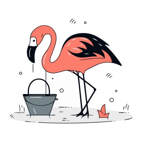 Flamingo and bucket. Vector illustration in doodle style.