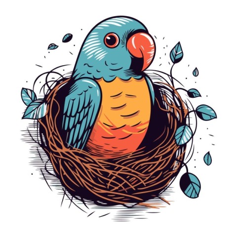 Parrot in the nest. Hand drawn vector illustration in sketch sty