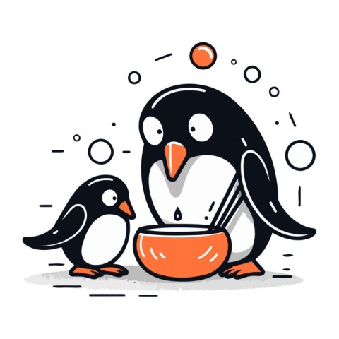 Cute penguin with a bowl of soup. vector illustration.