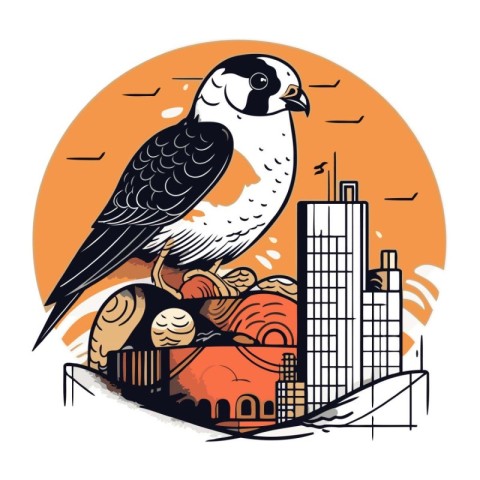 Vector illustration of a seagull on a background of the city.