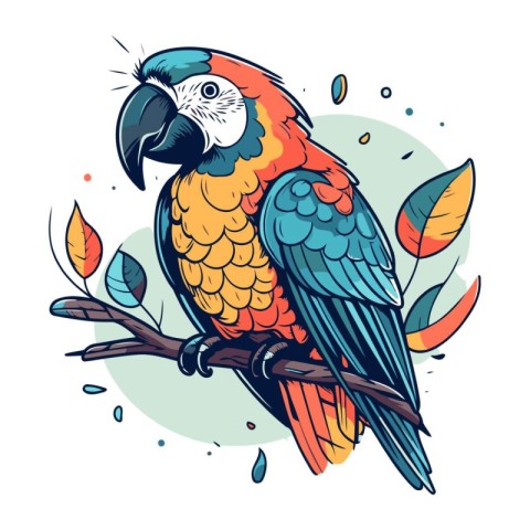 Parrot sitting on a branch. Hand drawn vector illustration in ca