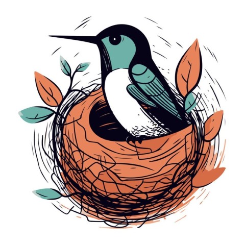 Vector illustration of a bird in a nest with leaves. Hand drawn