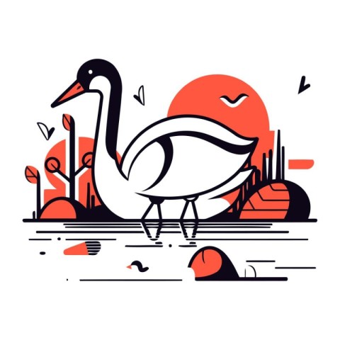 Swan on the lake. Vector illustration in flat linear style.