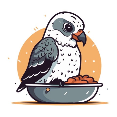 Parrot eating food in bowl. Vector illustration in cartoon style