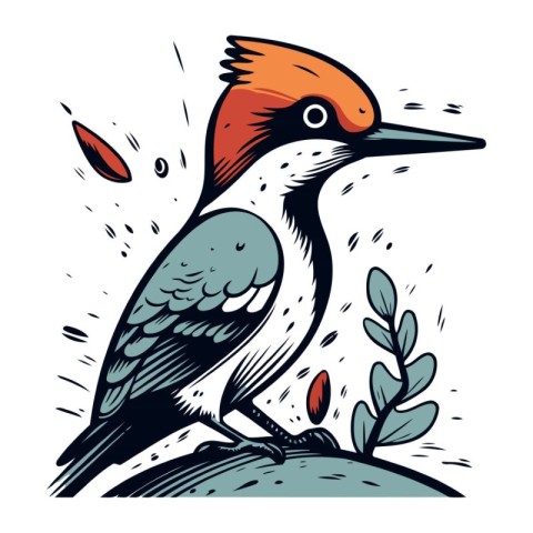 Vector image of a woodpecker on a rock. Hand drawn vector illust