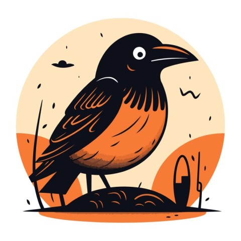 Vector illustration of a crow sitting on the ground. Cute cartoo