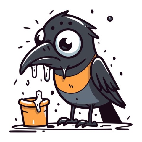 Cute cartoon crow with a bucket of water. Vector illustration.