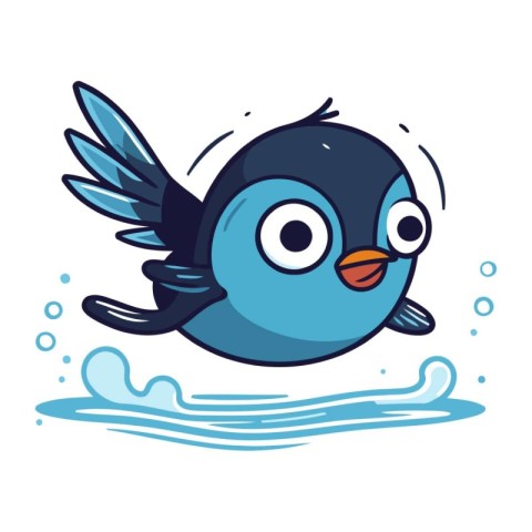 Cute cartoon penguin flying in the water. Vector illustration.