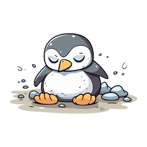 Cute penguin sitting on the ground. vector cartoon illustration.