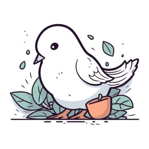Cute doodle bird with a cup of coffee. Vector illustration.