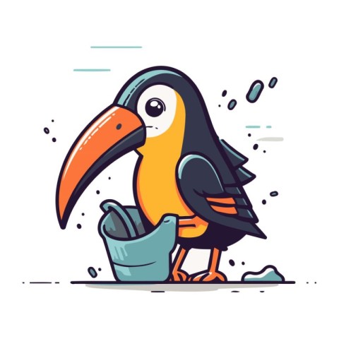 Cute toucan with bucket. Vector illustration in cartoon style.