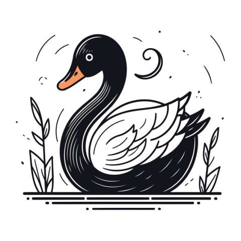 Black and white vector illustration of a swan swimming in the po