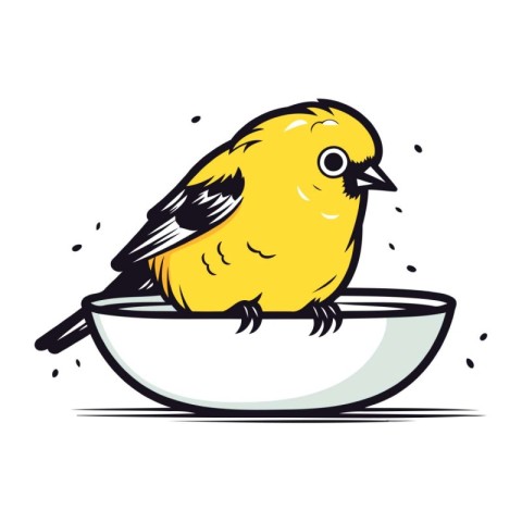 Cute little yellow bird sitting in a bowl. vector illustration.