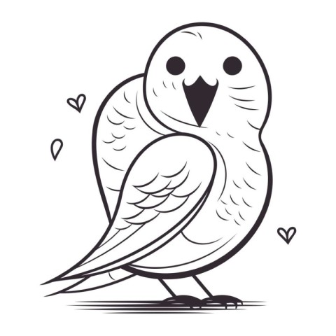 Owl with hearts. Vector illustration in black and white colors.