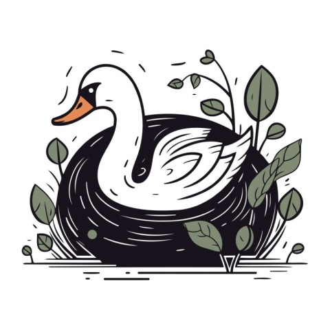 Swan in the pond. Hand drawn vector illustration in cartoon styl