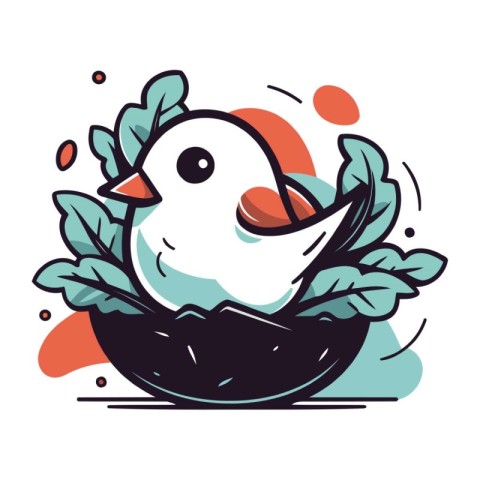 Vector illustration of a cute chick in a nest with leaves on a w