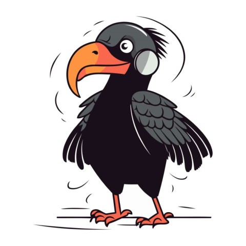 Vector illustration of a black raven with a big head on a white