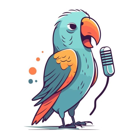 Cute cartoon parrot singing a song with microphone. Vector illus