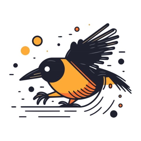 Cute little black bird flying in the air. Vector illustration.