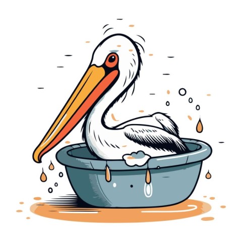 Pelican taking a bath. Vector illustration in cartoon style.