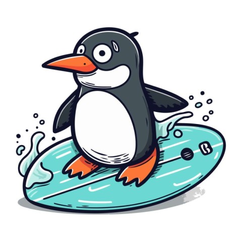 Cartoon penguin on surfboard. Vector illustration isolated on wh