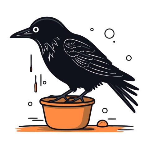 Black crow sits on a pot with food. Vector illustration of a bir