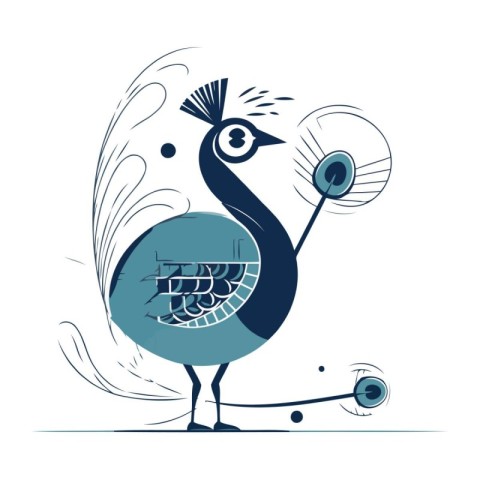 Peacock with dandelion. Vector illustration on white background.