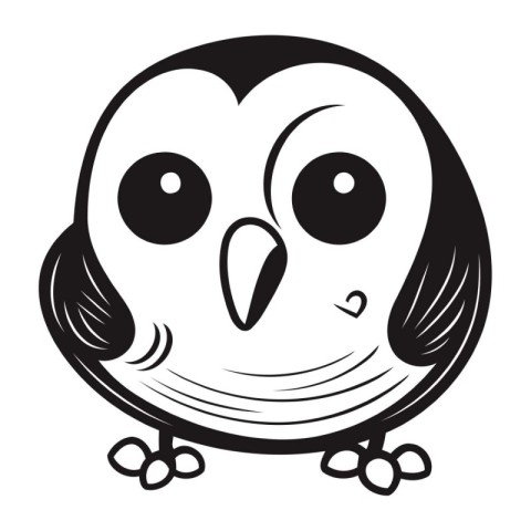 Black and white illustration of a cute cartoon owl on a white ba