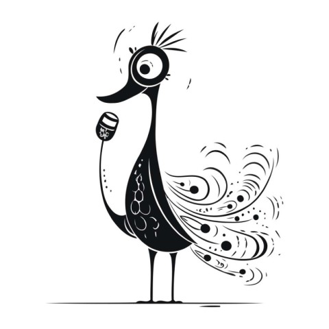 Peacock with a microphone. Bird with a microphone. Vector illust