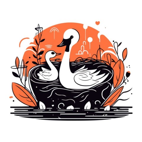 Vector illustration of a swan swimming in a pond with flowers.