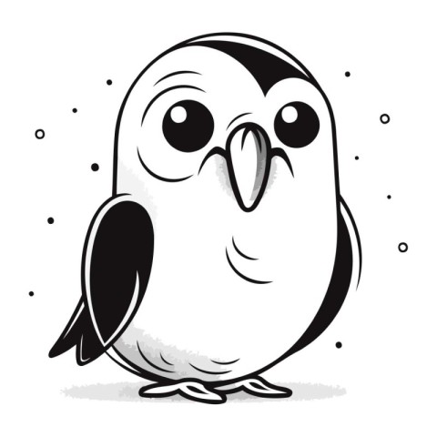 Black and white illustration of a cute cartoon penguin. Vector i