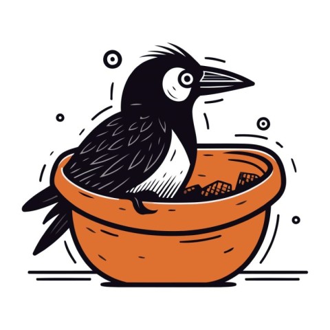 Hand drawn vector illustration of a black crow in a clay pot.