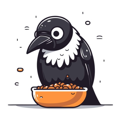 Cute cartoon crow eating from a bowl of food. Vector illustratio