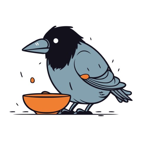 Crow eating from a bowl. Vector illustration in cartoon style.