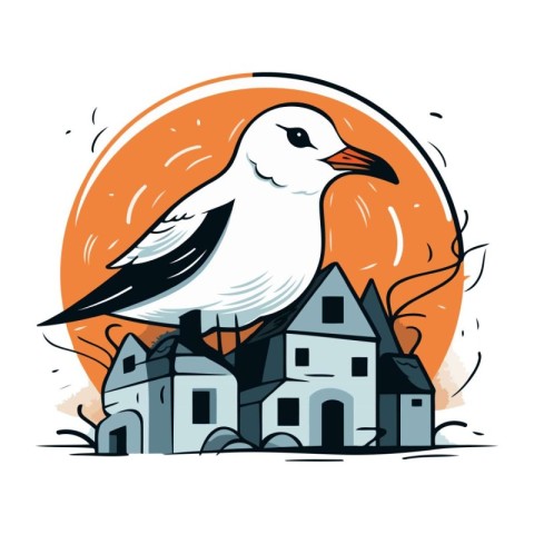 Vector illustration of a seagull in front of a house.