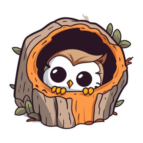 Cute owl in a hole in a tree. Vector illustration.