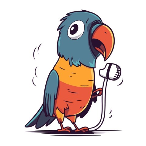 Cute cartoon parrot singing with a microphone. Vector illustrati