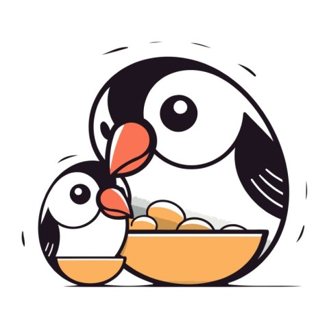 Cute cartoon penguin with a bowl of eggs. Vector illustration.