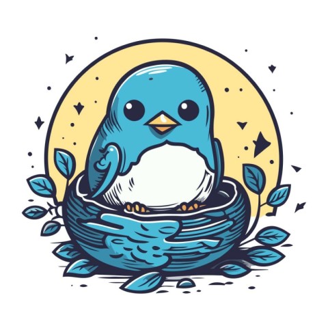 Cute cartoon penguin sitting in the nest. Vector illustration.