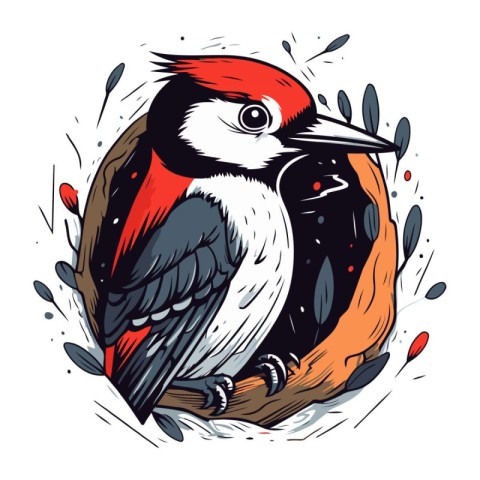 Woodpecker on a branch. Hand drawn vector illustration in vintag