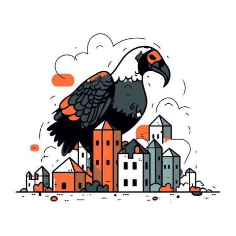 Vector illustration of a raven on the background of the city. Cu