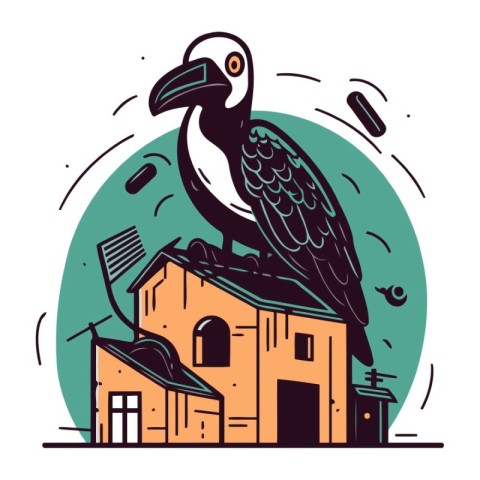 Vector illustration of a bird sitting on the roof of a church.